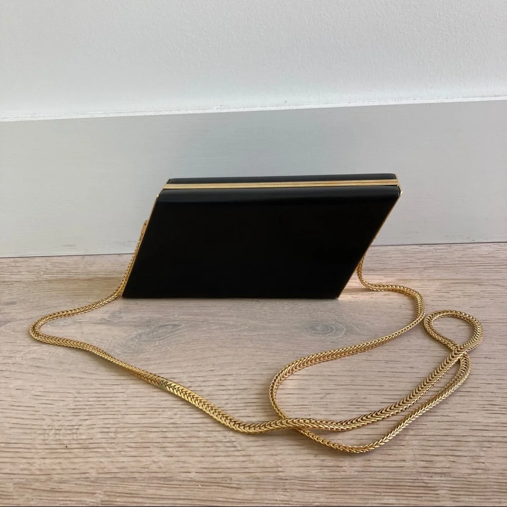 Saint Laurent Diagonal Leather Minaudière Clutch Black Gold - Picture 3 of 16